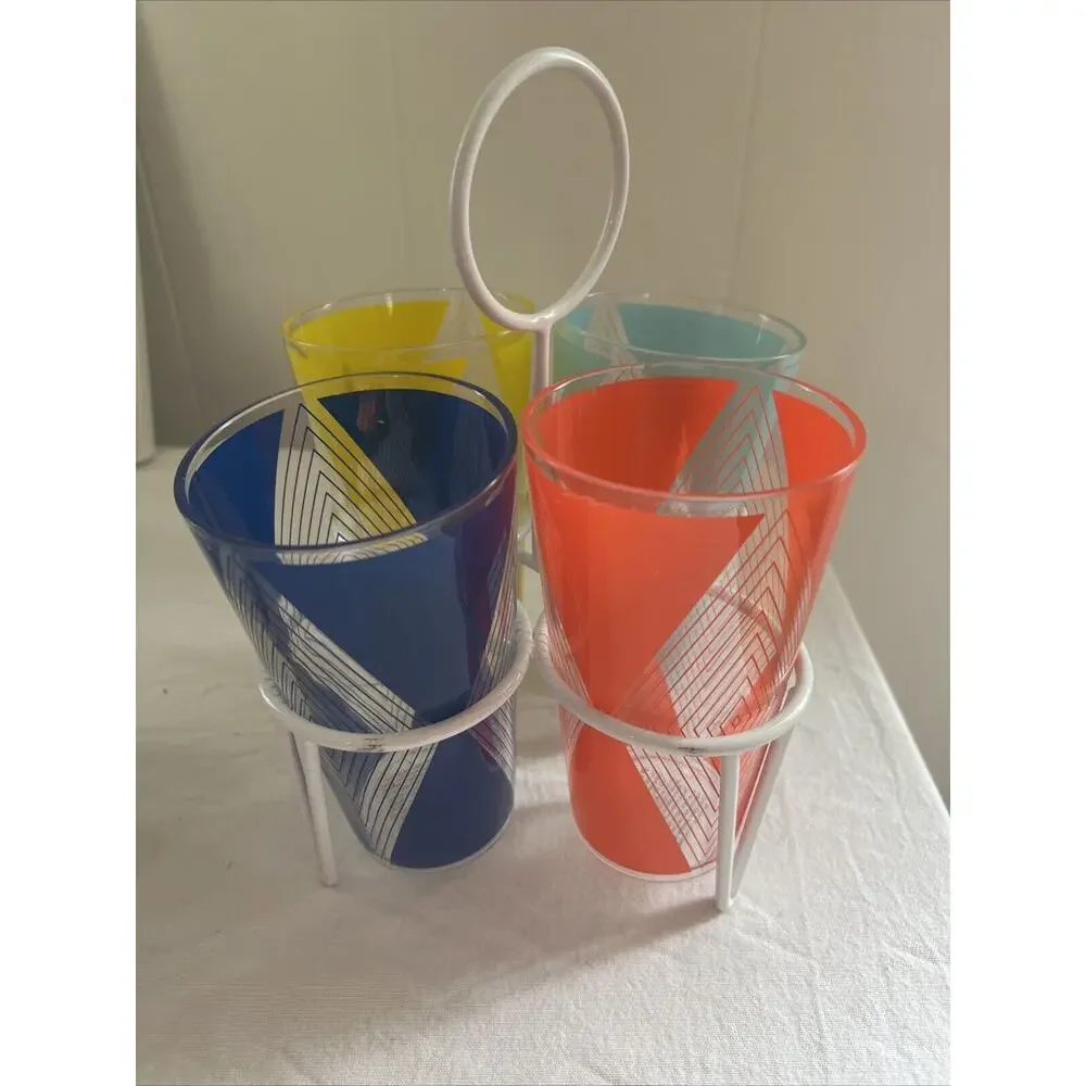 New West Elm Drink Caddy Set With 4 Cups - Blue, Yellow, Blue & Pink